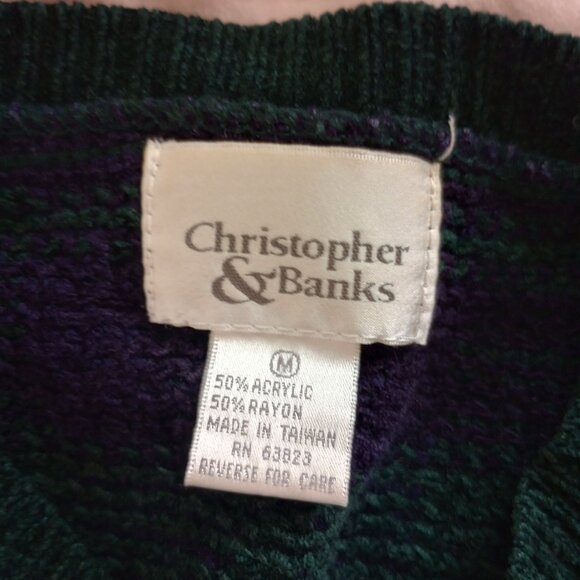 Preppy 90s Green Purple Plaid Cozy Cardigan Eclectic Buttons Christopher & Banks - Picture 2 of 6